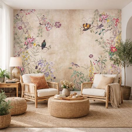 Tapeta dekoracyjna boho beżowa, w kolorowe ptaki i kwiaty - SEKRETNY OGRÓD