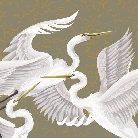 Tapeta dekoracyjna z czaplą, BIAŁE PTAKI na marmurkowym brązowym tle