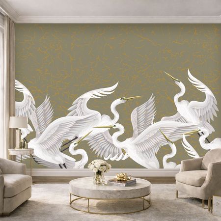 Tapeta dekoracyjna z czaplą, BIAŁE PTAKI na marmurkowym brązowym tle