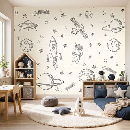 Kremowa tapeta dla chłopca GWIEZDNA PODRÓŻ W KOSMOSIE: kosmonauta i planety w stylu komiksowym