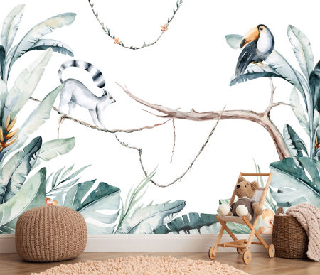 Tapeta dla dzieci SAFARI W DŻUNGLI, akwarelowe liście bananowca, lemur, tukan