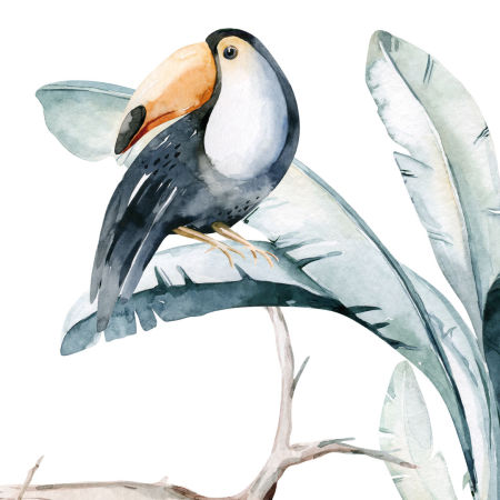 Tapeta dla dzieci SAFARI W DŻUNGLI, akwarelowe liście bananowca, lemur, tukan