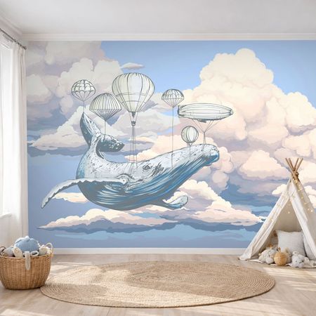 Tapeta dziecięca dla chłopca LATAJĄCY WIELORYB z balonami w chmurach, niebieskie niebo, pastelowe obłoki
