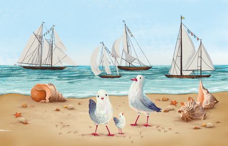 Tapeta dziecięca marynistyczna, morze, mewy i żaglówki - MORSKA PRZYGODA nad Bałtykiem