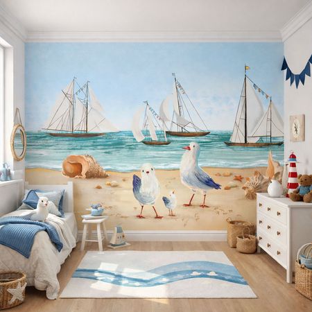 Tapeta dziecięca marynistyczna, morze, mewy i żaglówki - MORSKA PRZYGODA nad Bałtykiem