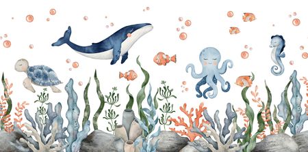 Tapeta dziecięca OCEANICZNE AKWARIUM - żółw, wieloryb, ośmiornica, konik morski, rybki, rafa koralowa