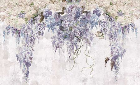 Tapeta fioletowa glicynia, zwisające malowane KWIATY WISTERII na postarzanej ścianie loft