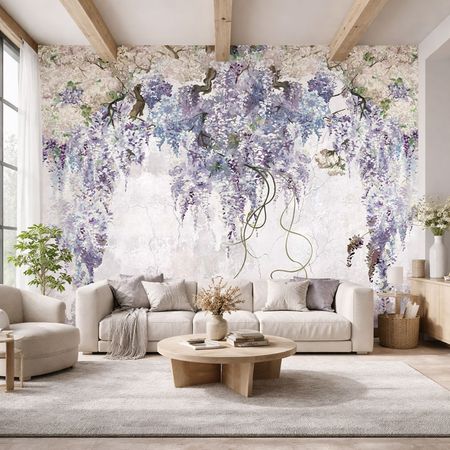 Tapeta fioletowa glicynia, zwisające malowane KWIATY WISTERII na postarzanej ścianie loft