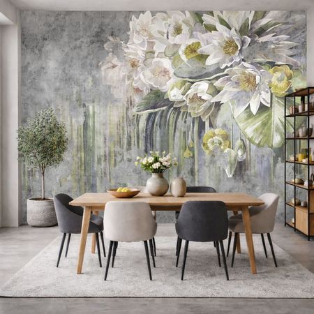 Tapeta industrialna malowane LILIE WODNE, białe kwiaty nenufary na szarym betonowym tle