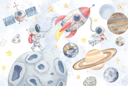 Tapeta KOSMOS dla dzieci, chłopca: planety, kosmonauta, rakieta i gwiazdy, pastelowa, na ścianę