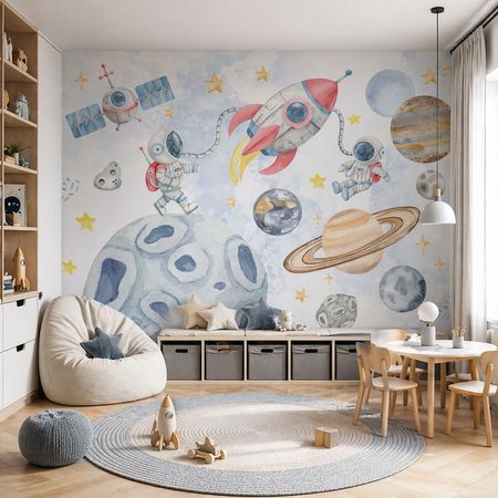 Tapeta KOSMOS dla dzieci, chłopca: planety, kosmonauta, rakieta i gwiazdy, pastelowa, na ścianę
