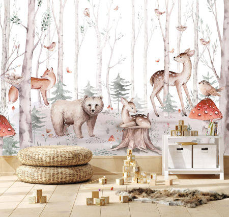 Tapeta LEŚNE ZWIERZĘTA dla dzieci, akwarelowa do pokoju chłopca i dziewczynki