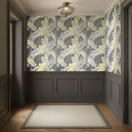 Tapeta LIŚCIE AKACJI szaro-biało-żółta, motyw roślinny