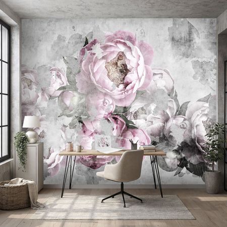 Tapeta loftowa PIWONIE NA BETONIE, nowoczesna szaro-różowa tapeta w duże kwiaty