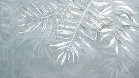 Tapeta niebieska w duże białe liście palmy, do biura i sypialni, w stylu nordyckim