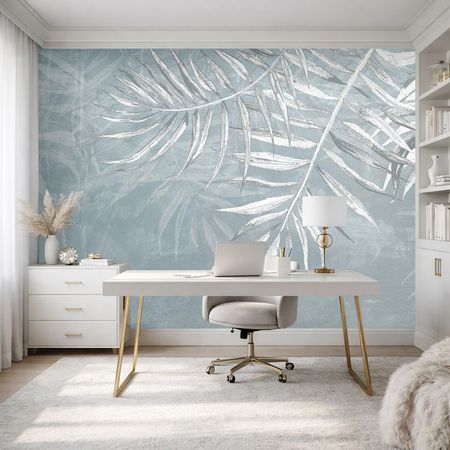 Tapeta niebieska w duże białe liście palmy, do biura i sypialni, w stylu nordyckim