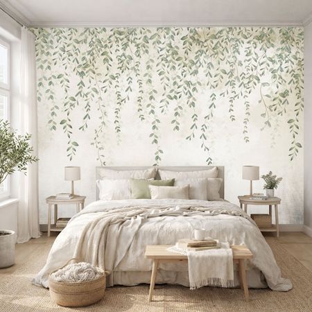 Tapeta roślinna zielone ZWISAJĄCE LISTKI na jasnym tle, skandynawski styl nordycki