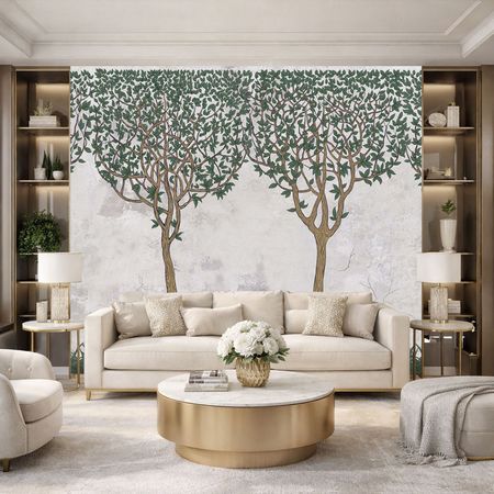 Tapeta ścienna z zielonymi drzewami laurowymi, rzymski ogród na betonowym szarym tle - TUSCULUM