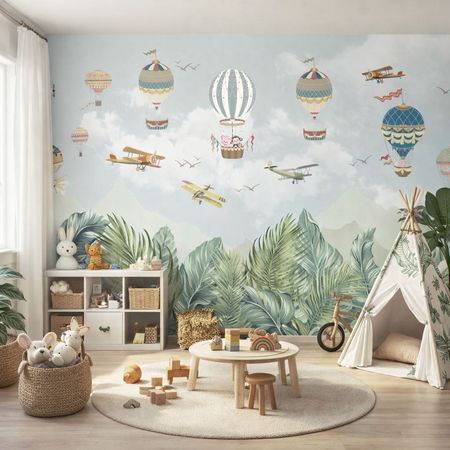 Tapeta w latające balony w chmurach, samoloty, góry DŻUNGLA DLA DZIECI