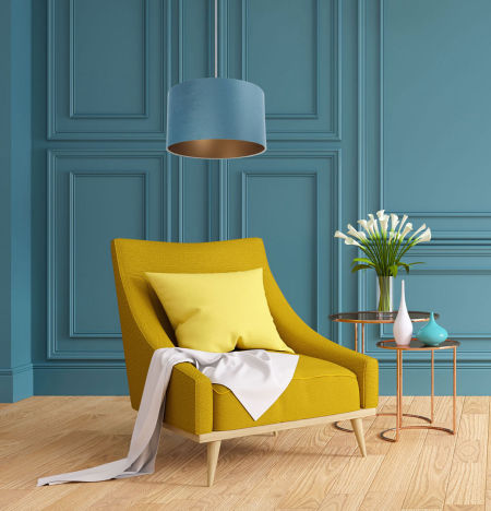 Turkusowa lampa wisząca z aksamitu i miedzianym wnętrzem, elegancja do nowoczesnych wnętrz - MOOD