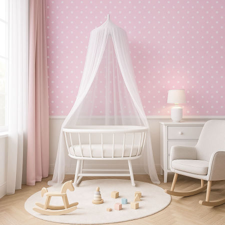 Różowa tapeta w małe białe kropki, groszki, polka dot 2 cm