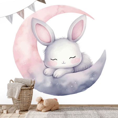 Urocza tapeta dziecięca ŚPIĄCY KRÓLICZEK NA KSIĘŻYCU, różowo-fioletowa