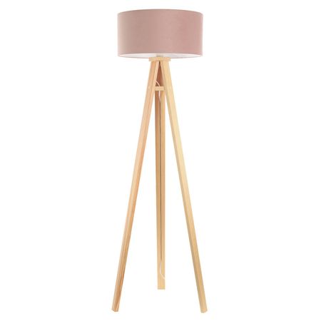 Welurowa lampa podłogowa z walcowym, pudrowo różowym abażurem na drewnianym trójnogu JASMINE BEBE