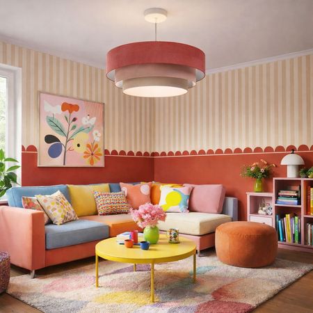 Welurowa lampa wisząca kaskadowa, czerwień, pudrowy róż i beż, styl dopamine decor - JASMINE BEBE
