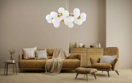 Wielopunktowa lampa wisząca MARSIADA w kolorze mosiądzu, nowoczesne białe klosze kule