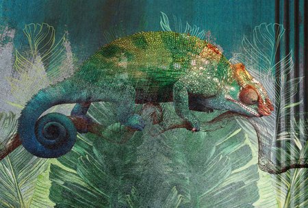 Zielono-turkusowa fototapeta KAMELEON na gałęzi, tropikalne liście mural loft, do biura i salonu
