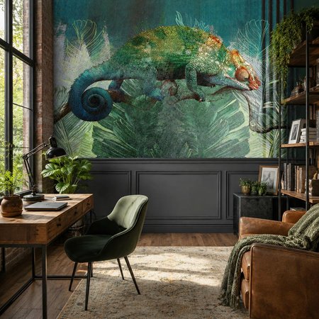 Zielono-turkusowa fototapeta KAMELEON na gałęzi, tropikalne liście mural loft, do biura i salonu