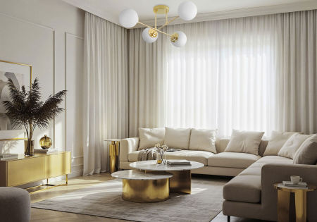 Złota lampa sufitowa asymetryczna, metalowe rurki, białe kule, klasyczne złoto - FINO