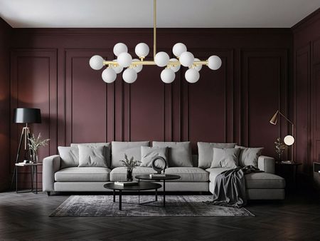 Złota lampa wisząca, białe szklane kule, nowoczesny żyrandol, klasyczne złoto - PETRICA