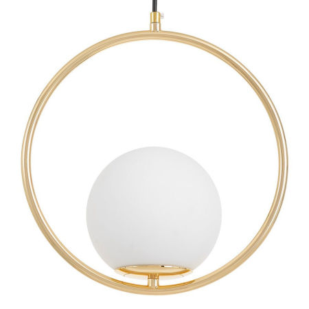 Złota lampa wisząca, biały szklany klosz kula, metalowy złoty okrąg, francuskie złoto - VERO 1A