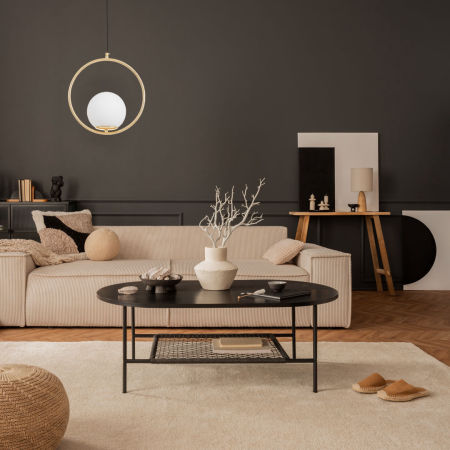 Złota lampa wisząca, biały szklany klosz kula, metalowy złoty okrąg, francuskie złoto - VERO 1A