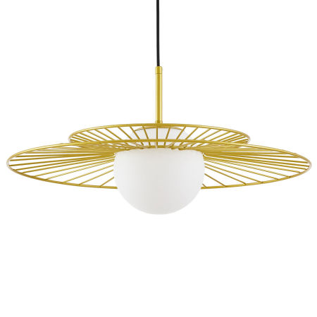 Złota lampa wisząca, druciana metalowa oprawa, biały szklany klosz kula, glamour, art deco - SOLARIS