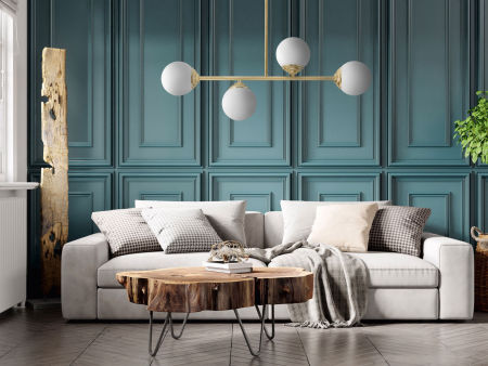 Złota lampa wisząca na rurce z białymi szklanymi kulistymi kloszami, klasyczne złoto - FINO