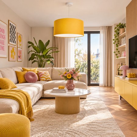 Żółto-biała lampa wisząca z welurowym abażurem do salonu styl Dopamine Decor - MULTIKOLOR