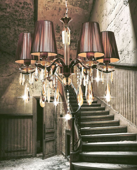 Żyrandol kryształowy, kolor mosiężny ALESSIA W6 stylowy, 6-ramienny, na łańcuchu