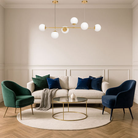 Lampa wisząca mosiężno-biała, szklane kule, metalowa poprzeczka, żyrandol - CEREDO W6