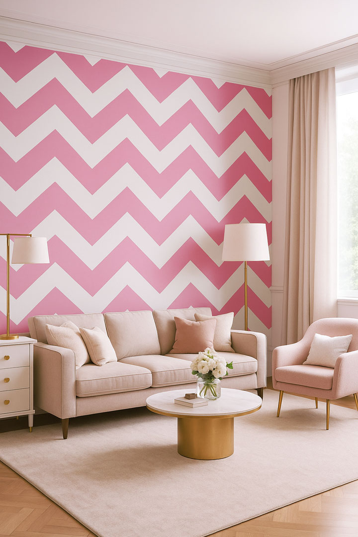 Biało-różowa tapeta w zygzaki chevron - Dekoori zdjęcie 3