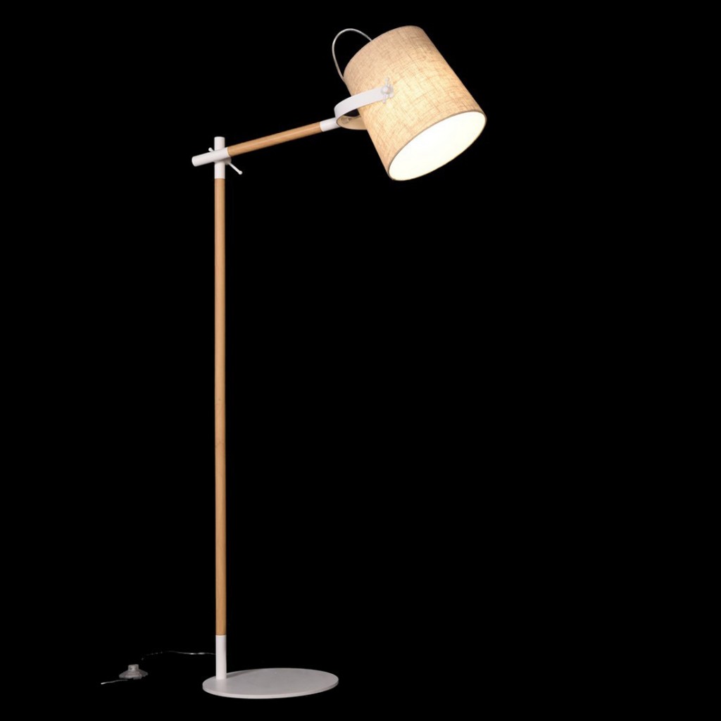 Skandynawska lampa podłogowa, drewniana stylizacja, beżowy abażur LAPIDUS