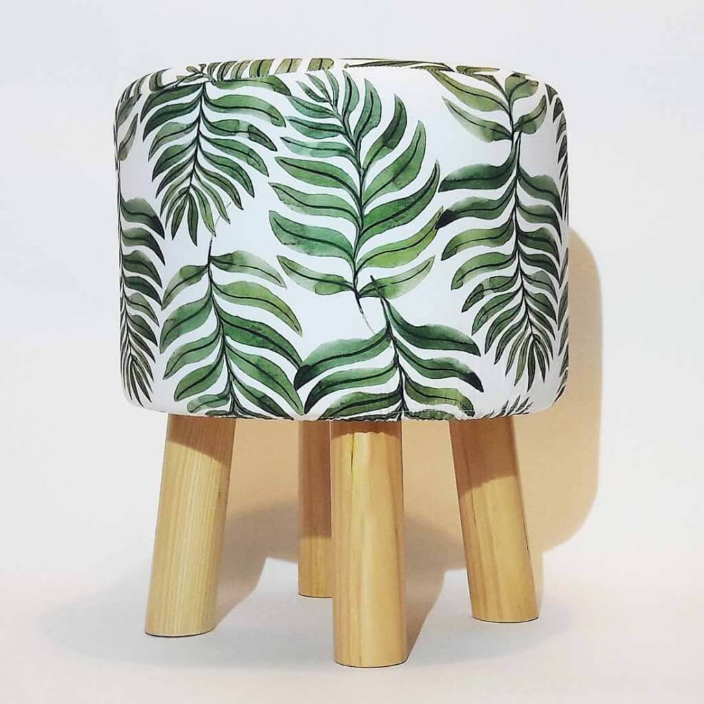 Modny stołek, puf skandynawski w zielone LIŚCIE PAPROCI roślinny design