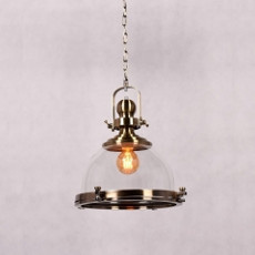 Lampa loftowa, szklany i metalowy klosz, mosiężna, stylizowana na starą przemysłową