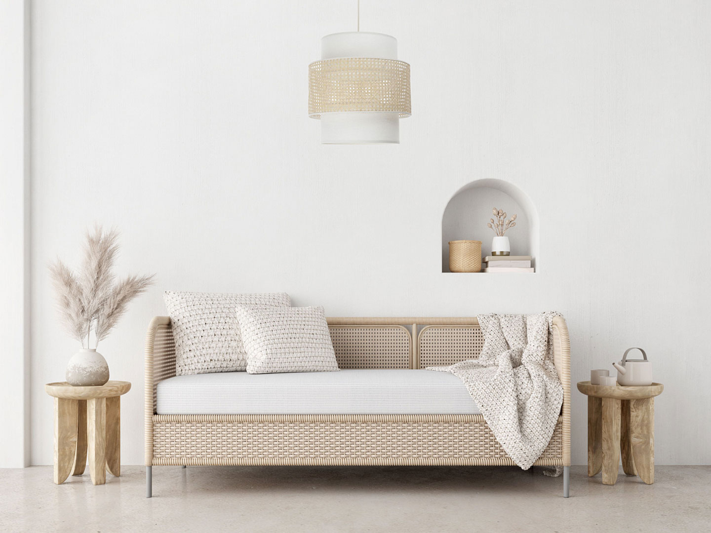 Rattanowa lampa wisząca boho z podwójnym abażurem w kolorze złamanej bieli - LIAM - BPS Koncept zdjęcie 4