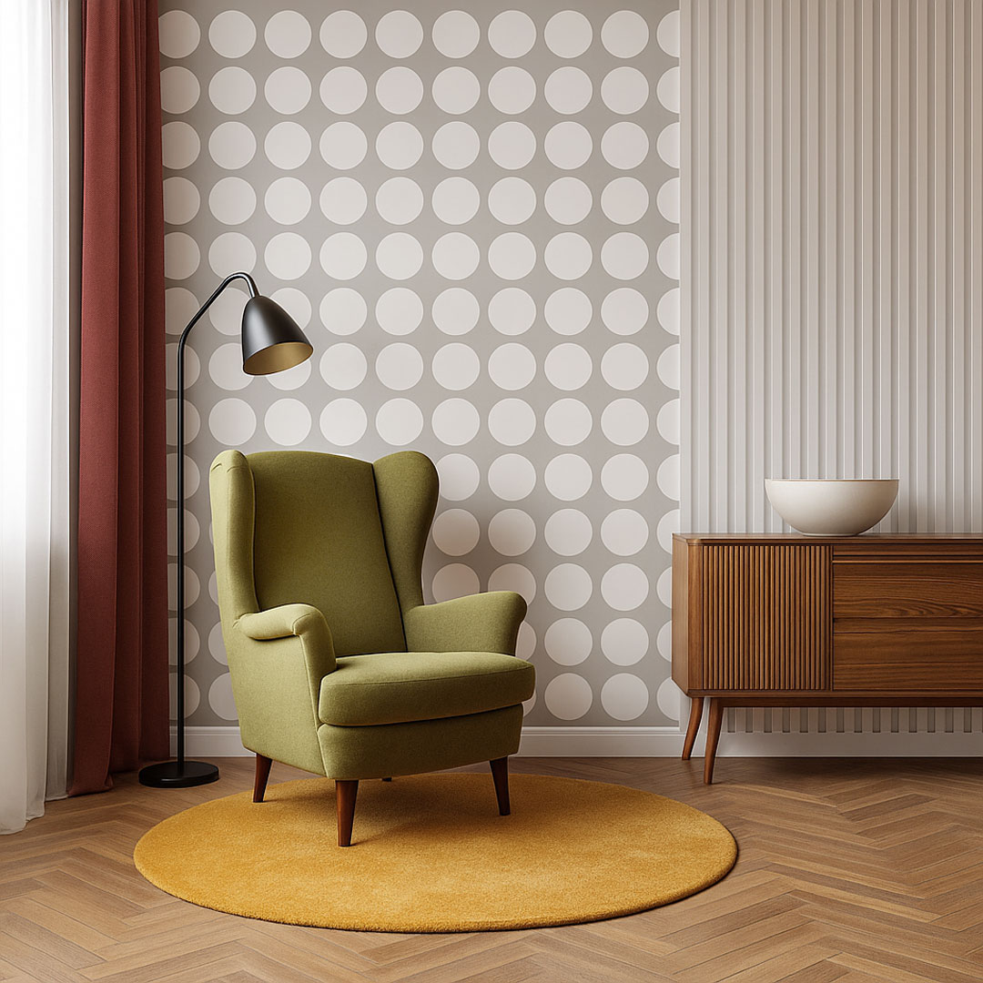 Tapeta szara w duże białe grochy, koła, kropki 18 cm - Dekoori zdjęcie 2