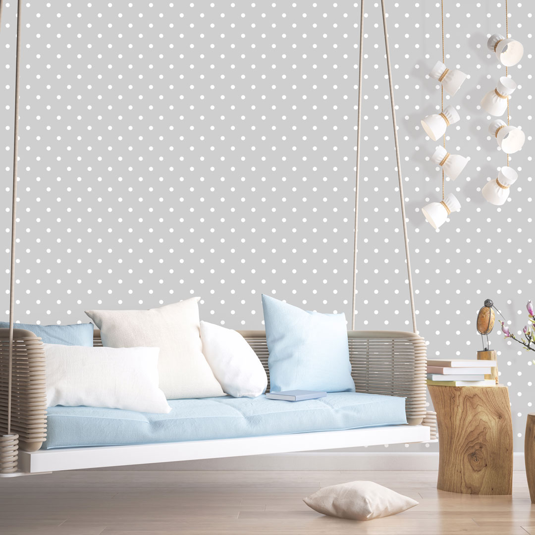Szara tapeta w małe białe kropki, groszki, polka dot 2 cm - Dekoori zdjęcie 2