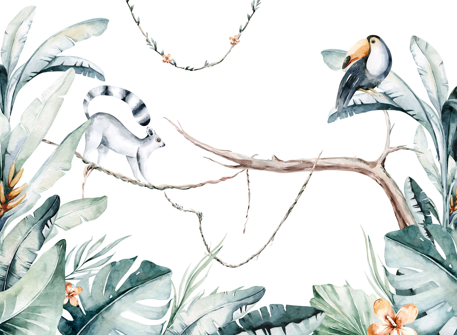 Tapeta dla dzieci SAFARI W DŻUNGLI, akwarelowe liście bananowca, lemur, tukan - Dekoori zdjęcie 1