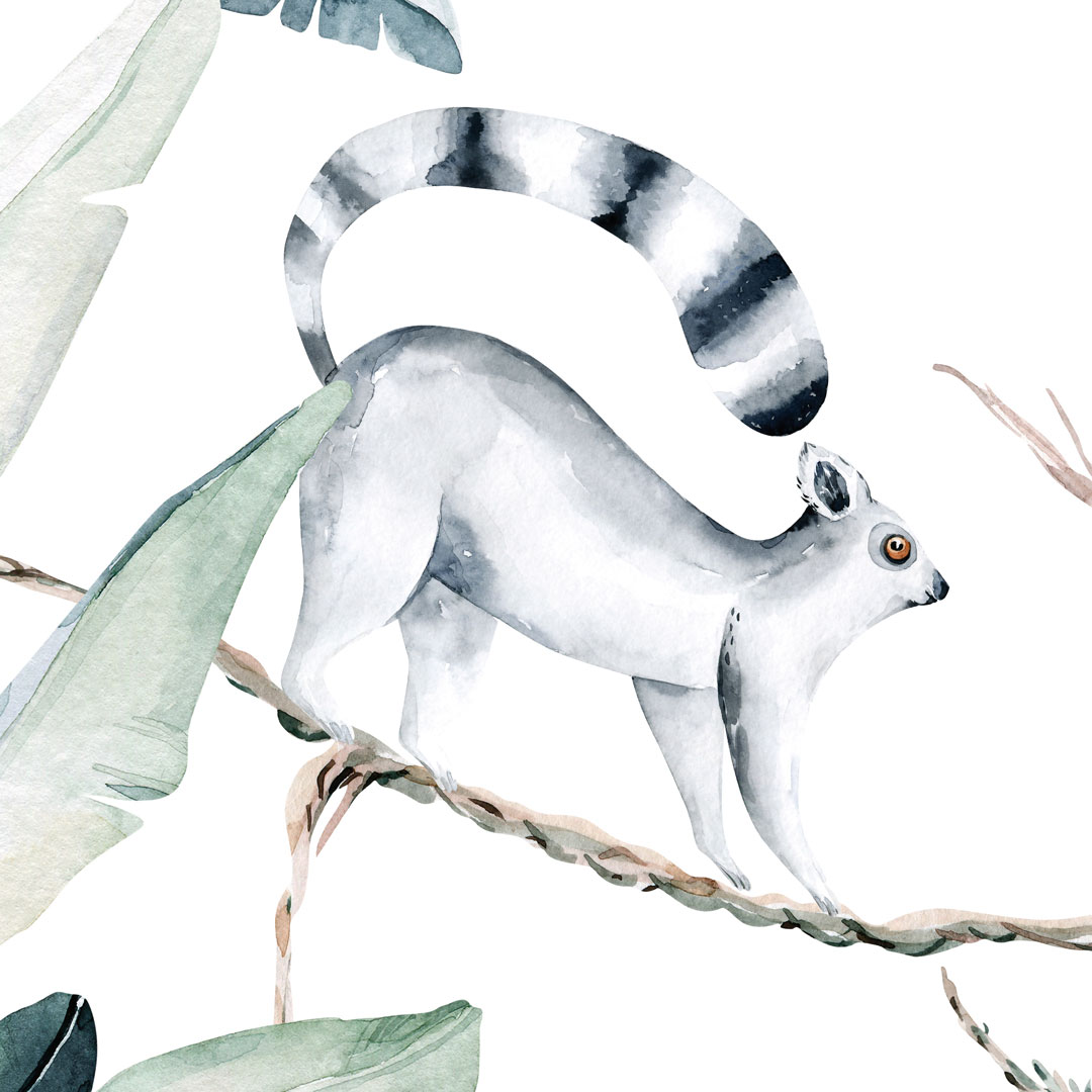 Tapeta dla dzieci SAFARI W DŻUNGLI, akwarelowe liście bananowca, lemur, tukan - Dekoori zdjęcie 3