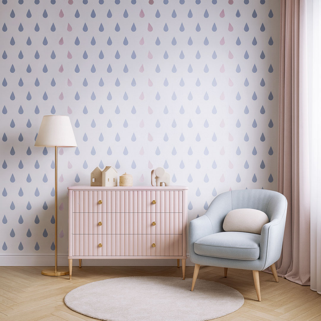 Tapeta KROPLE WODY, DESZCZU, kolory: Serenity i Rose Quartz (niebieski i różowy) - Dekoori zdjęcie 2